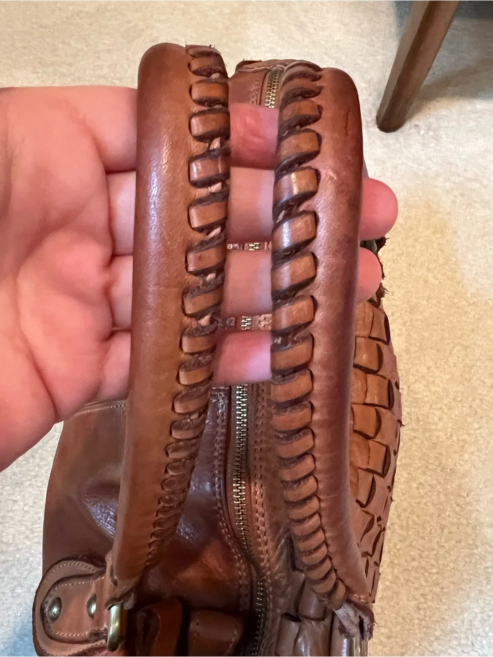 Sundance Catalog Cognac Brown Woven Leather Basketweave Satchel Bag